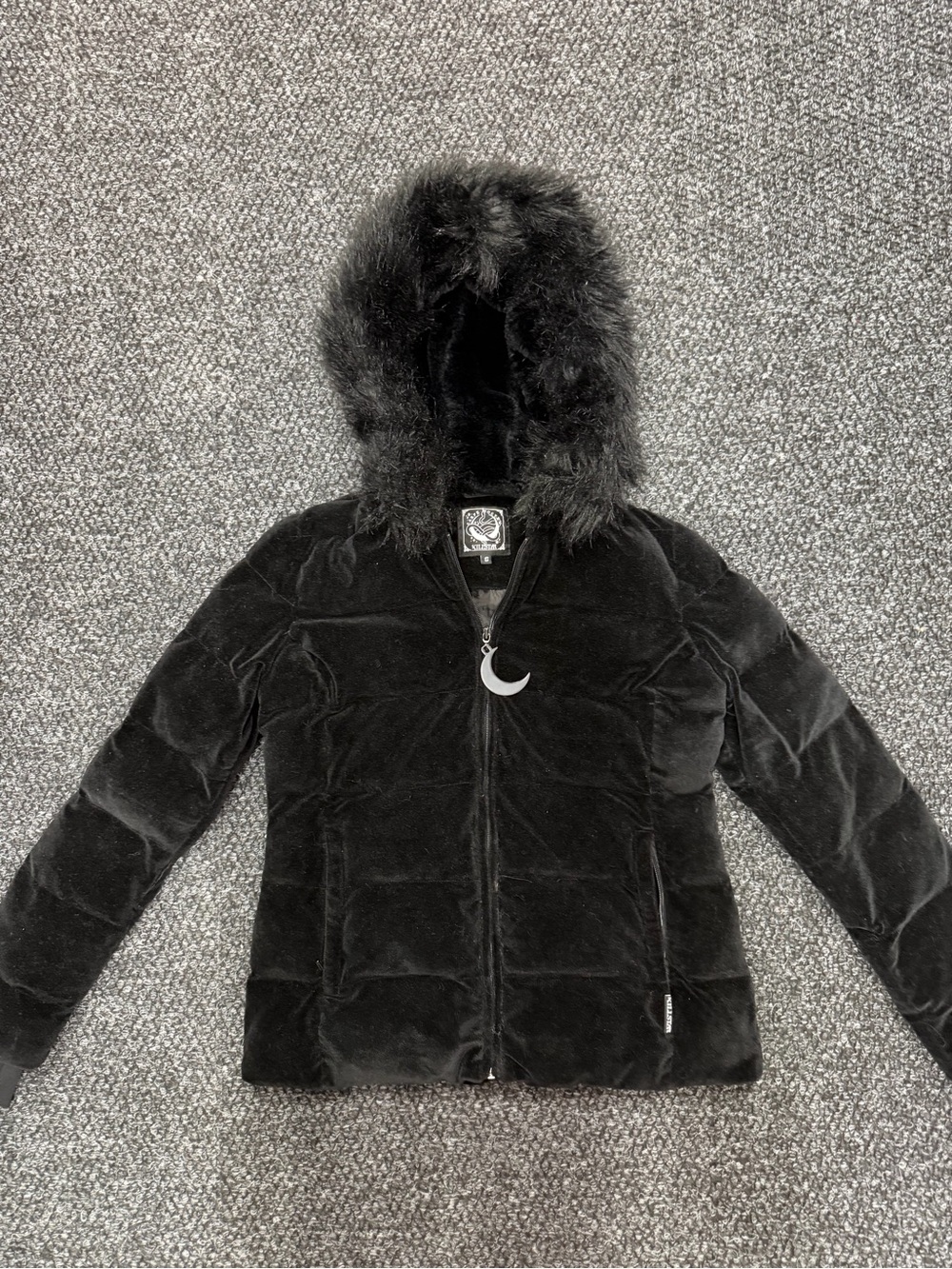Killstar Black Velvet Winter Puffer Jacket with Moon Pull